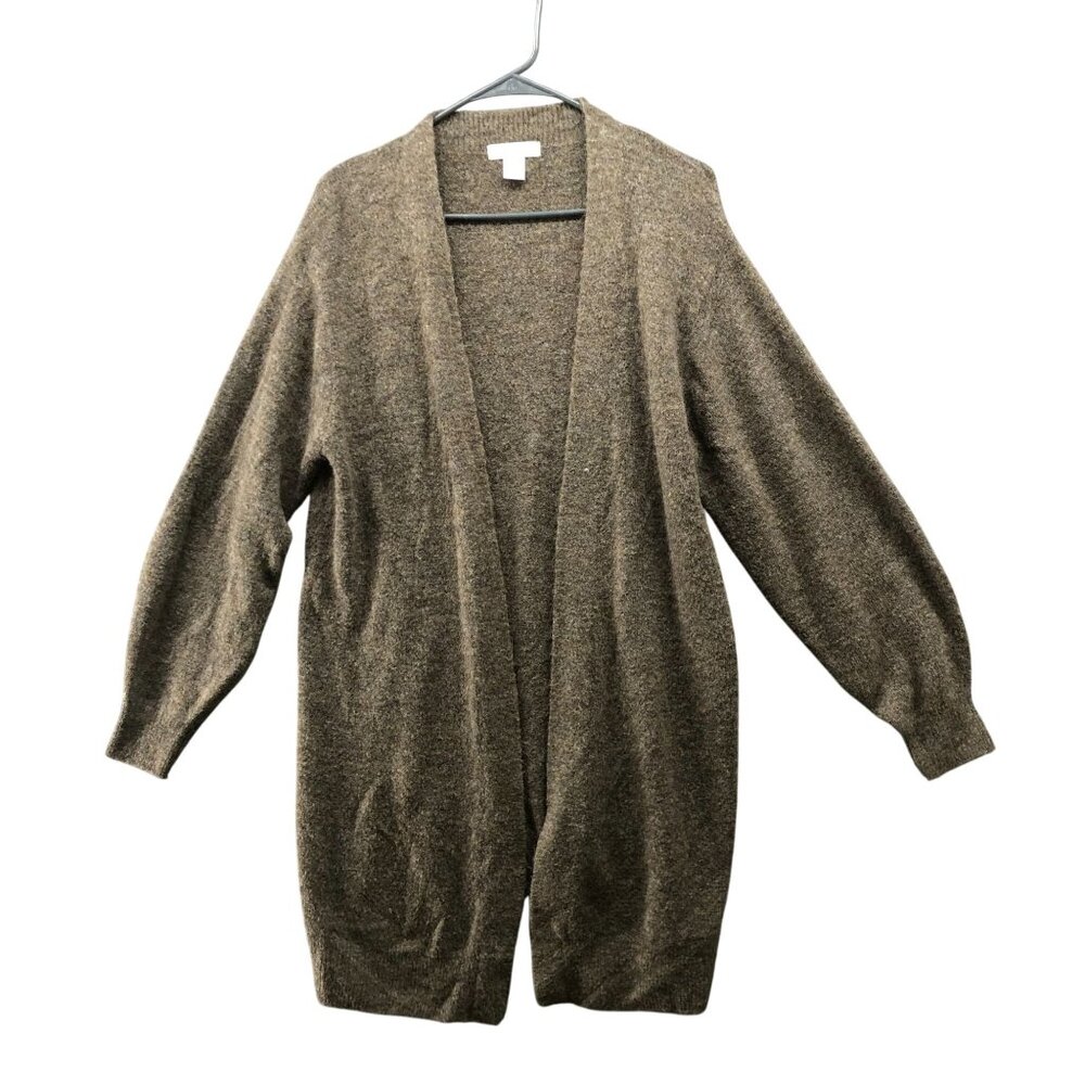 H&M Longline Cardigan Womens XS Brown Open Front Soft Fuzzy Balloon Sleeve‎